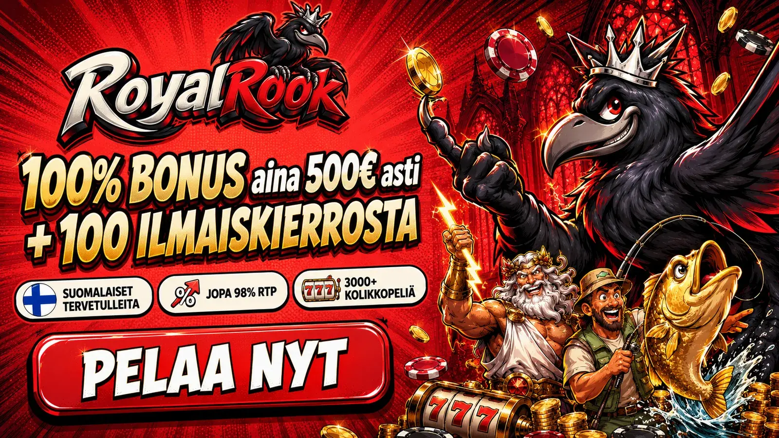 RoyalRook kasino: 100 % bonus 500 € asti ja 100 ilmaiskierrosta